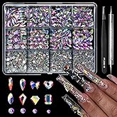 Cycullinyt 1660Pcs Crystal AB Nail Art Rhinestones: 8 Types of Multi Shapes Diamonds + 4 Sizes Flatback DIY Crafts Rhinestone Crystals 3D Glass Stones Set + Tweezer + Pickup Pen