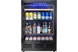 ICEVIVAL 24 Inch Beverage Refrigerator, 98 Cans & 16 Bottles Under Counter Beverage Refrigerator with Glass Door, Adjustable Shelves, Wine Fridge Under Counter for Home, Bar, Office (Black)