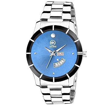 Analog Blue Dial Day and Date Stainless Steel Chain Mens Watch