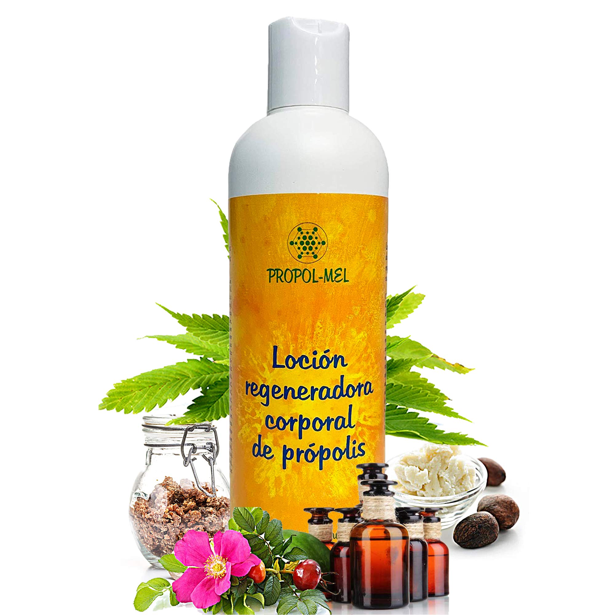 Organic body lotion - 300 ml. Body moisturiser regenerative and firming cream, with propolis, shea tree, sweet-briar rose, hemp, and aromatherapeutic essential oils.