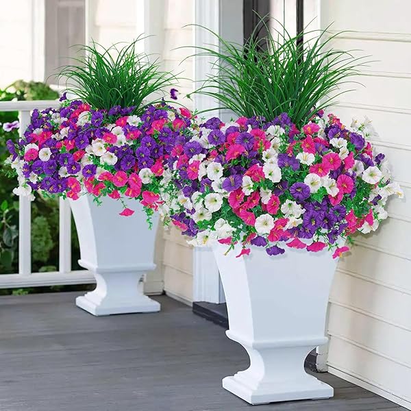 INQCMY ARTIFICIAL FLOWERS FOR OUTDOORS, 12 BUNDLES UV RESISTANT FAKE MORNING GLORY AND 2 BUNDLES GREENERY GRASS, SILK FAUX PLANTS FOR GARDEN PORCH PATIO HOME DECOR