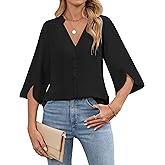 BMJL Womens 3/4 Sleeve Tops Dressy Casual Blouses V Neck Button Business Work Summer Dress Shirts 2025
