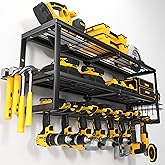 YYR Heavy Duty Power Tool Organizer Wall Mount, Cordless Drill Hanger Storage Rack, Battery Tools Holder with Charging Station Shelf for Garage Organization, Workshop, Pegboard, Shed - 32 Inch 8 Slots