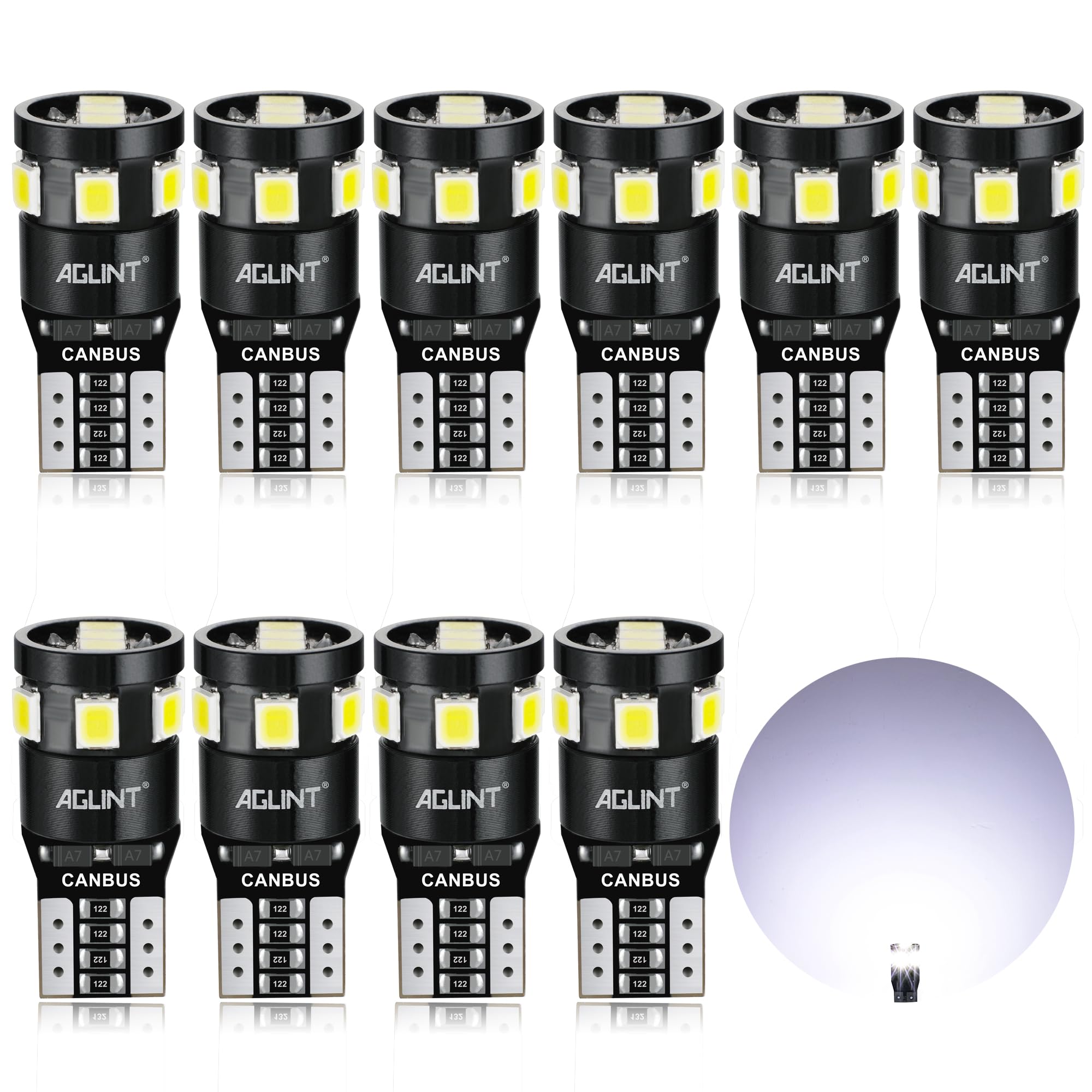 AGLINT T10 194 LED Bulb CANBUS Error Free W5W 501 168 2825 Wedge 12V Replacement Bulb for Car Interior Dome Map Door Side Trunk Courtesy Position Light License Plate Lights 6500K White 10PCS