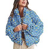 Esmeling Women’s Long Sleeve Cropped Sherpa Fleece Plaid Jacket Casual Chunky Teddy Fleece Outerwear