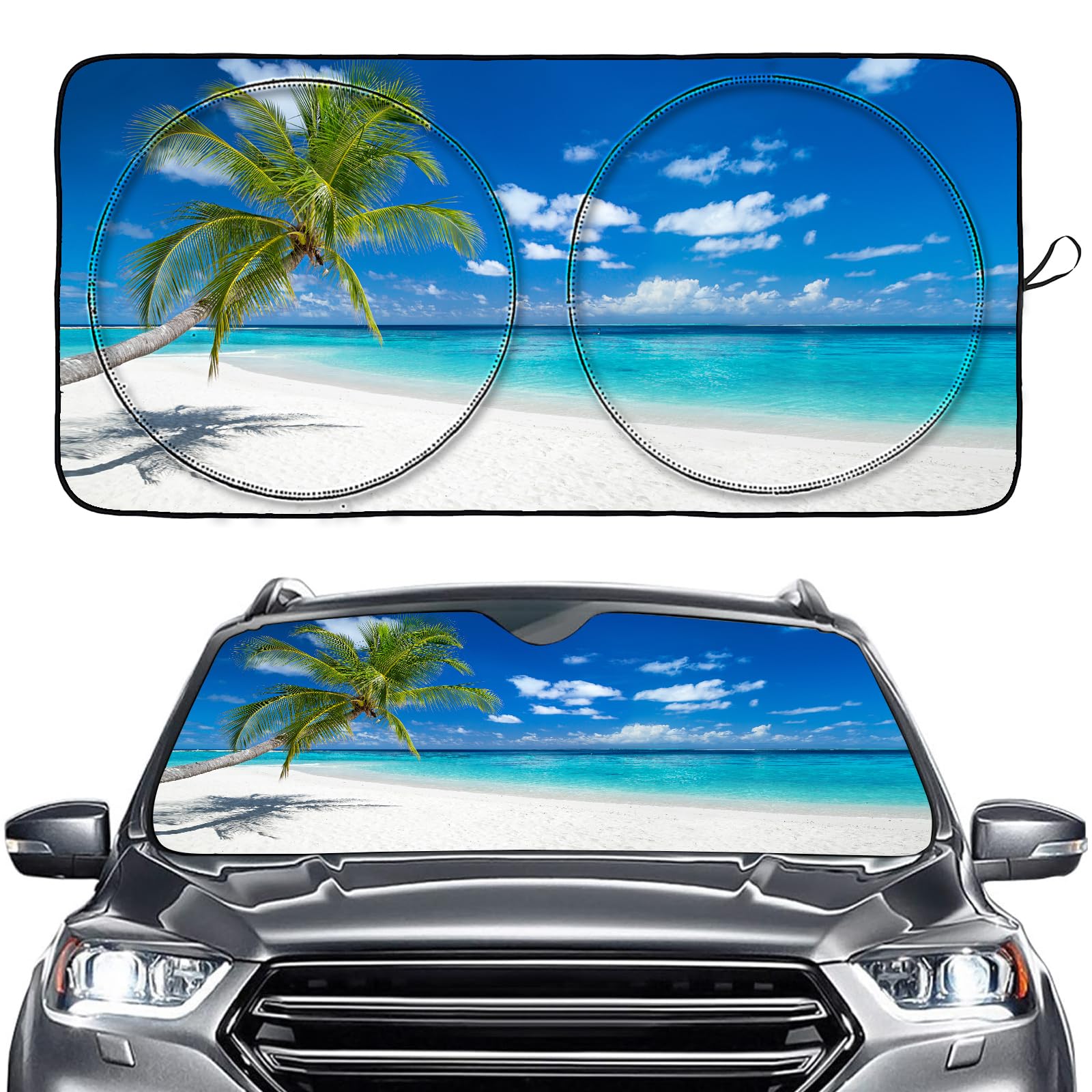 Photo 1 of tropical beach palms Windshield Sun shade, Front Window Sun Shade for Car SUV Truck-63'' X 30'', Foldable UV Ray Reflector Visor Shield Cover
