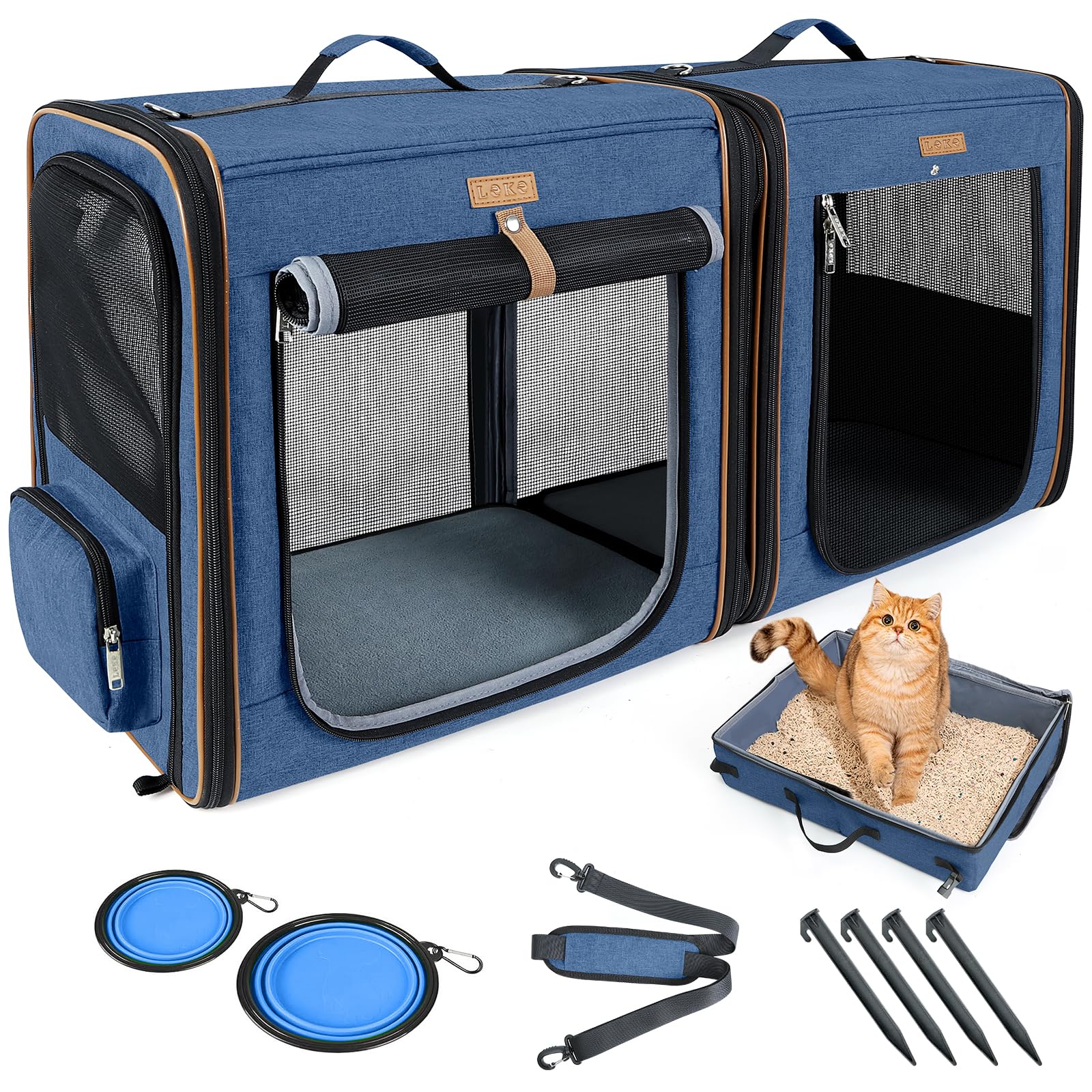 Photo 1 of Lekereise Large Cat Carrier for 2 Cats, 2-in-1 Cat Travel Carrier with Litter Box, (17.7" x2) x16.5"x13" Pet Carrier with Zipper Locks for Moving Across The Country (No Hammock) - Blue