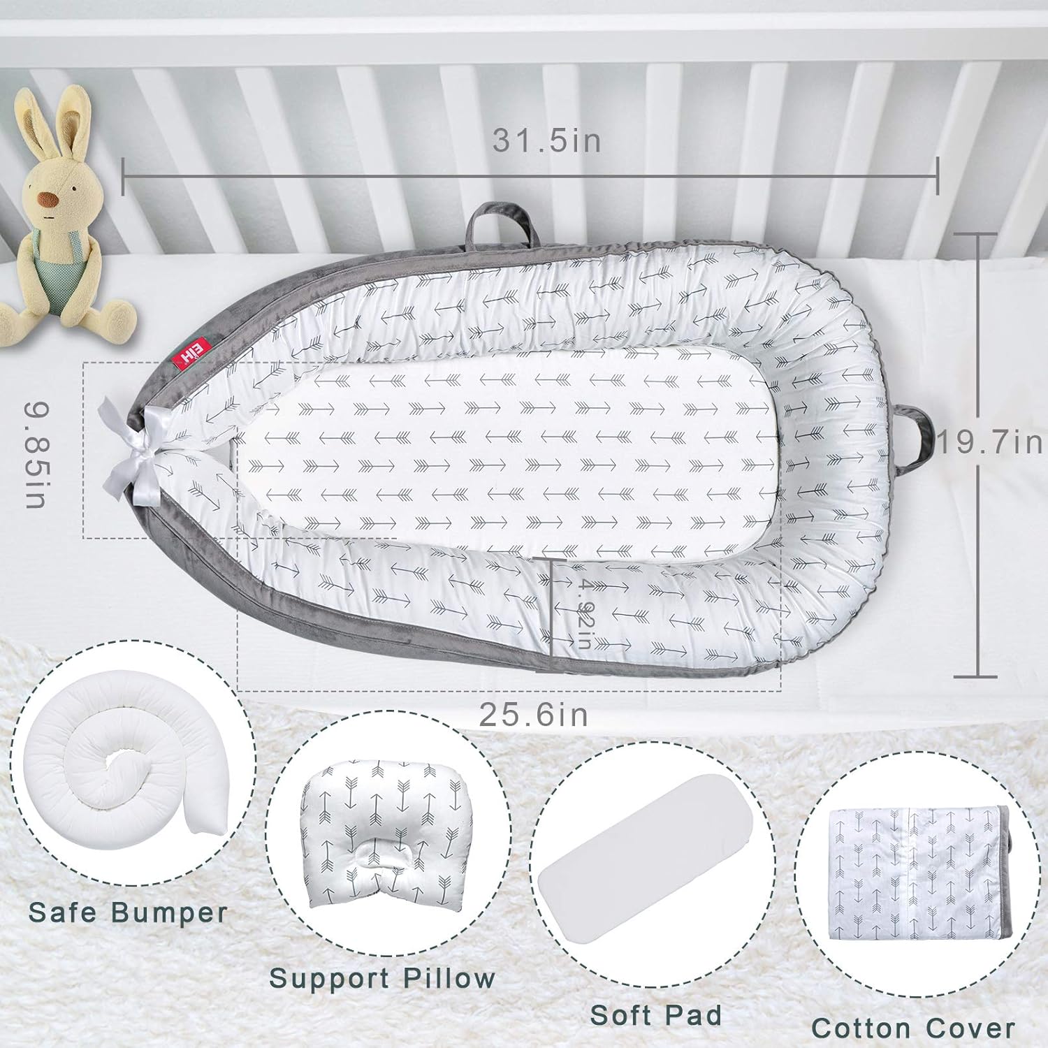 EIH Baby Nest,Baby Lounger Co-Sleeping Baby Bassinet for Bed Newborn Lounger 100% Soft Cotton Breathable and Portable Crib with Pillow Perfect for Traveling and Napping (Arrow): Baby