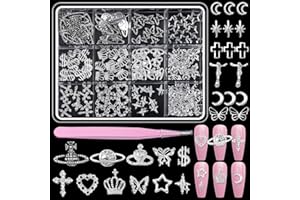 CESUSME 150 Pcs Silver Nail Charms Y2K, 3D Star Cross Crown Planet Nail Art Charms, Punk Butterfly Dollar Alloy Nail Jewelry, Moon Nail Studs Charms for Nails Design DIY Accessories