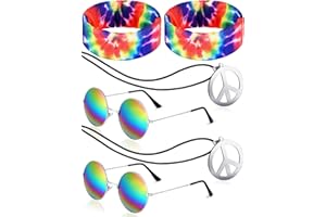 Frienda Hippie Costume Set, Hippie Sunglasses, Peace Sign Necklace and Tie Dye Headband for 60s 70s Accessories