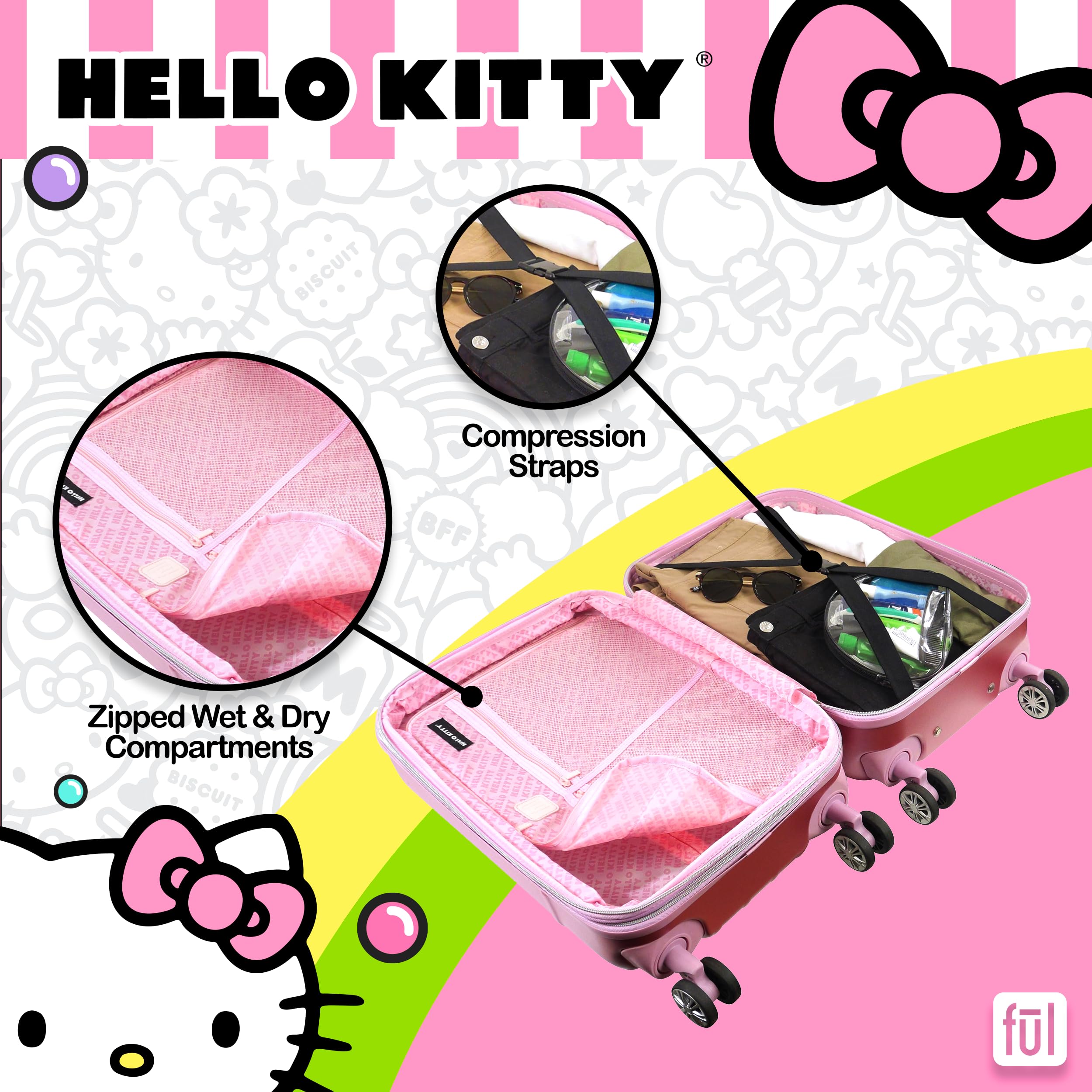 FUL Hello Kitty Carry On Luggage, Molded Hardshell Rolling Suitcase with Spinner Wheels, Pink, 21 Inch