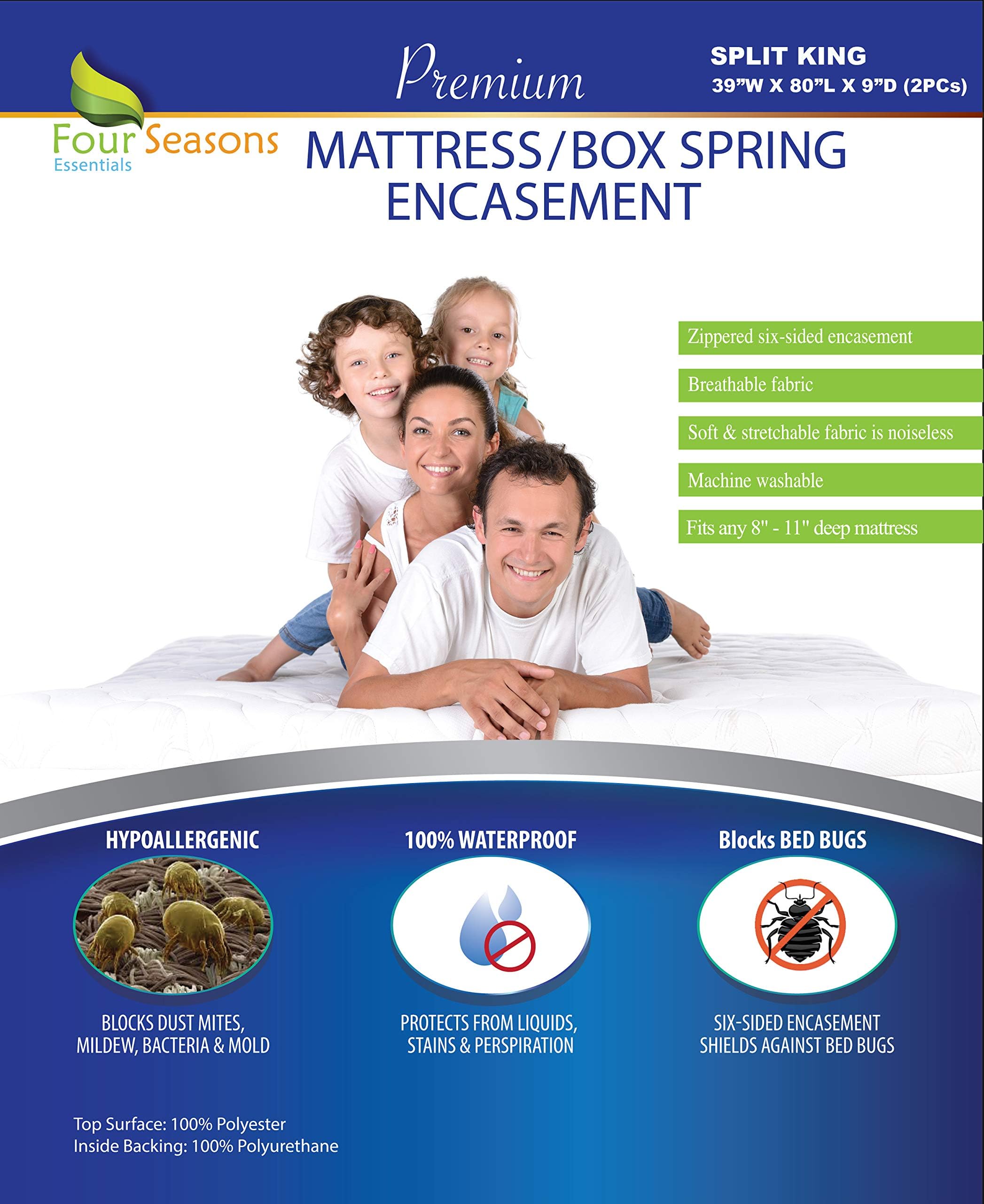 Split King Mattress/Box Spring Encasement 39" x 80" (2PCs) - Waterproof Zippered Protector Hypoallergenic Premium Quality Bed Cover - Breathable Smooth FabricOEKO-TEX STANDARD 100