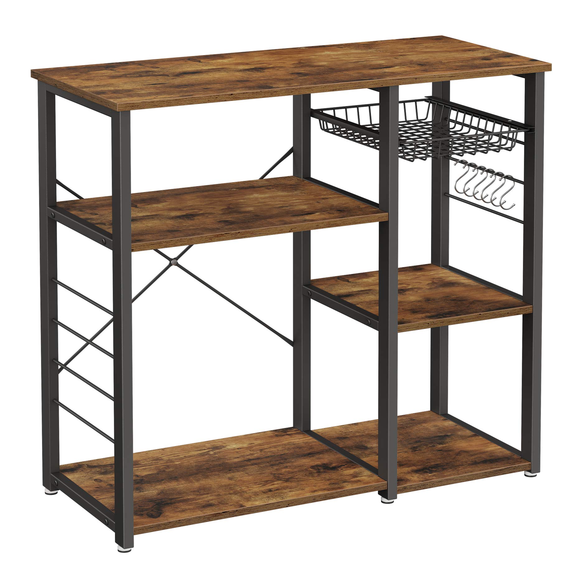 VASAGLE KKS90X Kitchen Shelf with Steel Frame, 1 Basket and 6 Hooks, Storage for Mini-Four, Spice and Utensils, Industrial Style, Rustic Brown and Black KKS90X