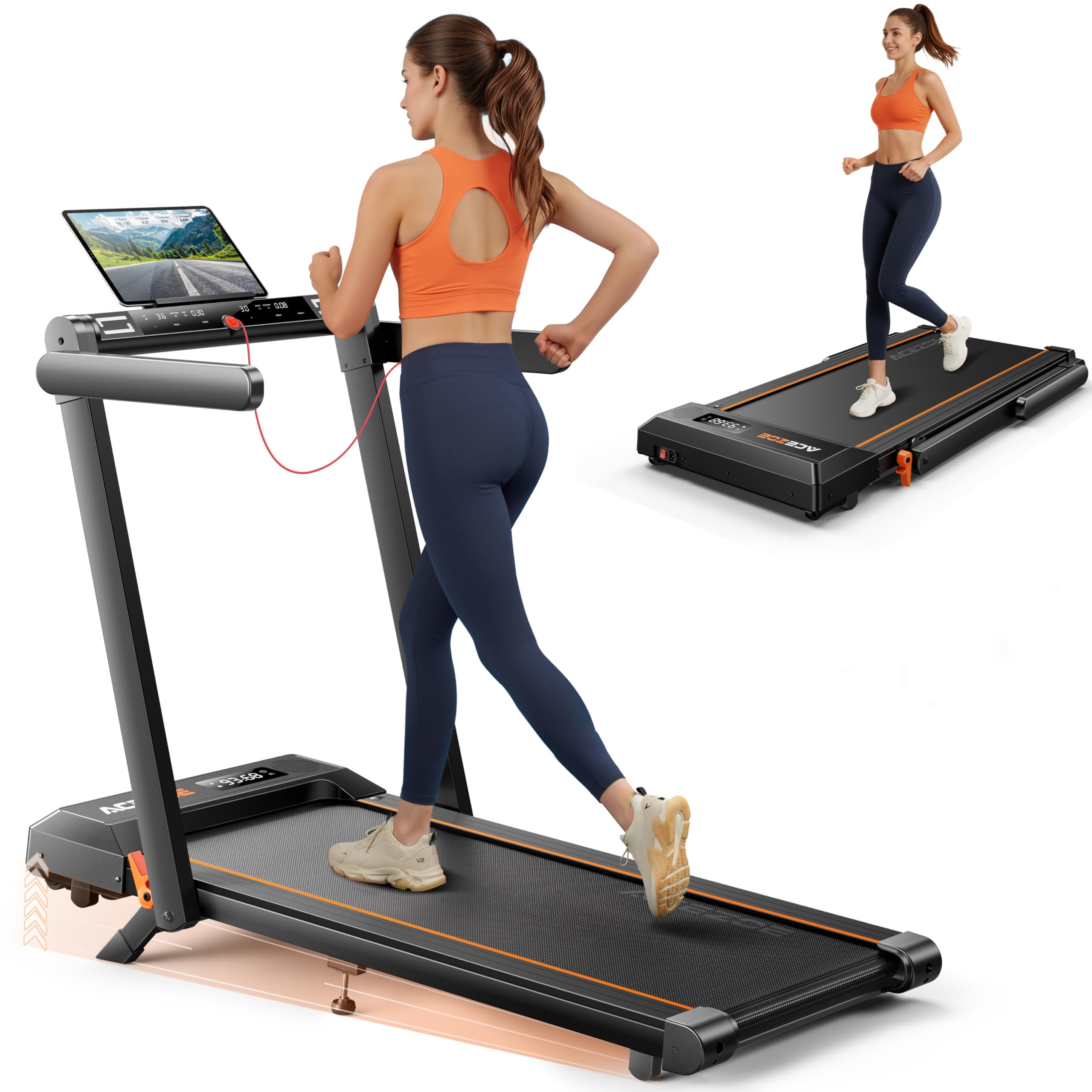 Photo 1 of *HEAVY* Acezoe Foldable Treadmill with 10% Incline, 2.5HP Walking Pad with Handle Bar, 300 lb Capacity Treadmills, Under Desk Treadmill with App & Bluetooth Speaker, 0.6-10MPH, LED, P10Pro Black Orange