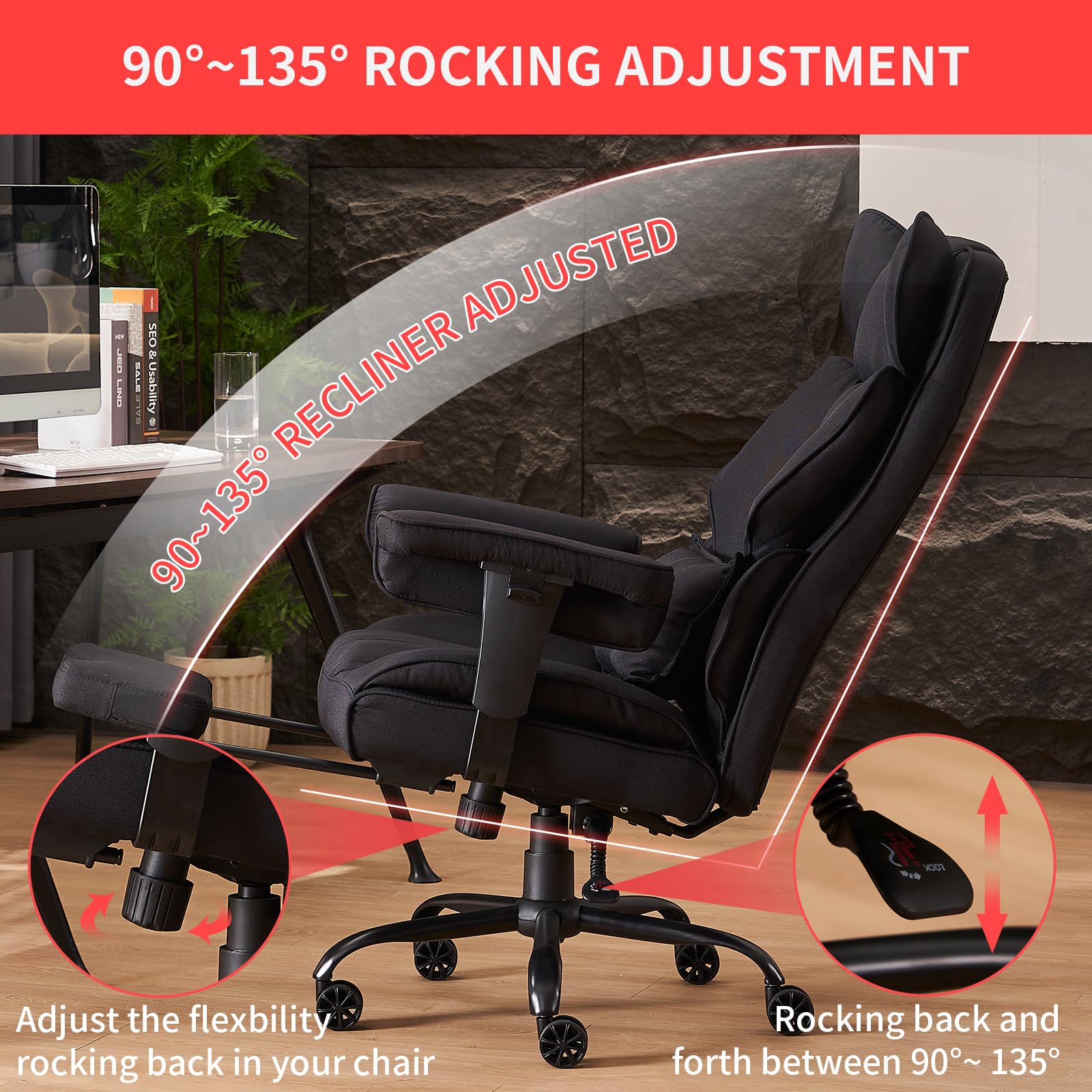 Efomao Big and Tall Office Chair 400 lb Weight Capacity, High Back Executive Office Chair with Foot Rest, Fabric Computer Chair for Back Pain Relief, Black