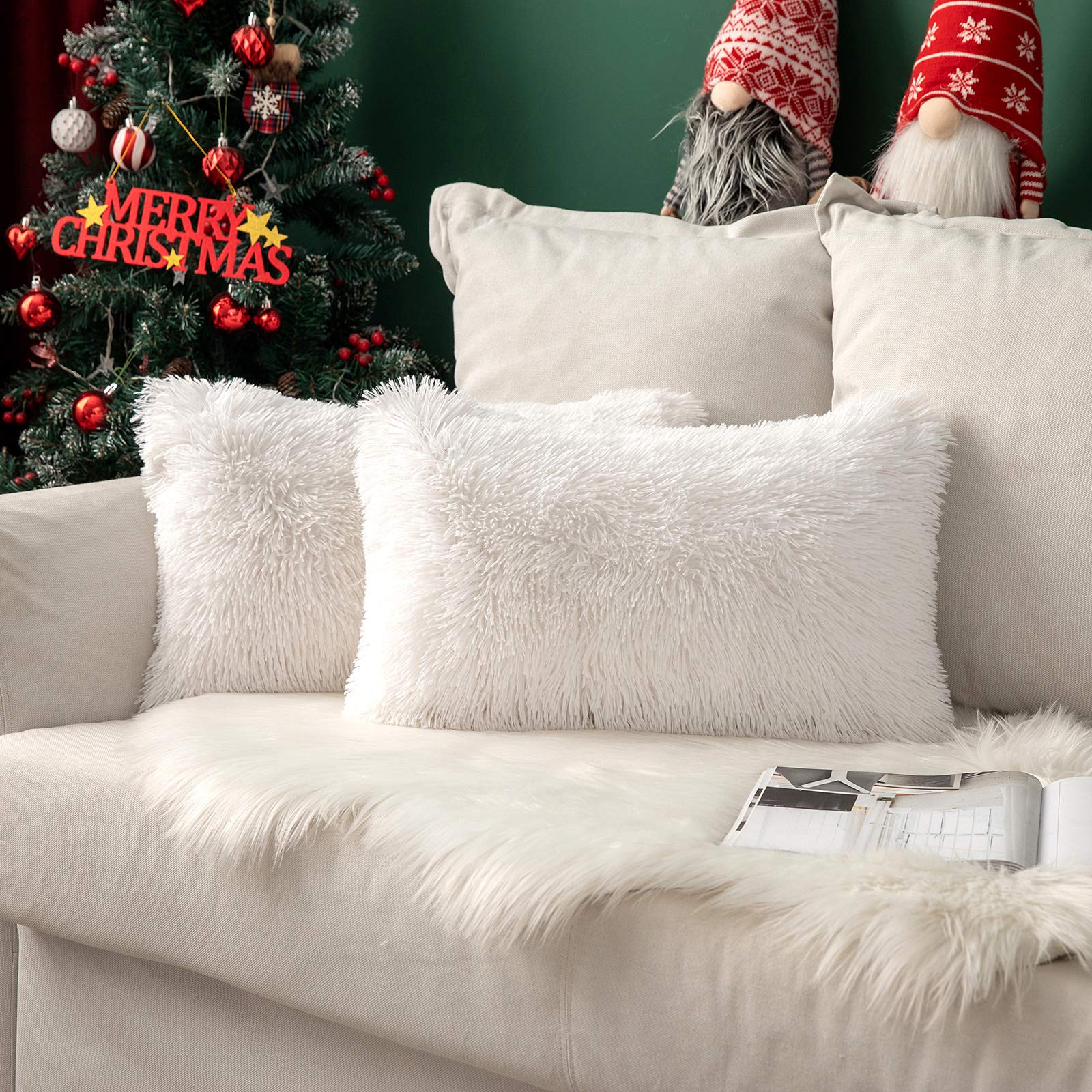 MIULEE Pack of 2 Faux Fur Cushion Covers Fluffy Soft Decorative Square Pillowcase Plush Case Faux Fur Throw Pillow Cover For Livingroom Sofa Bedroom 12x20 Inch 30x50cm 12"x20" White