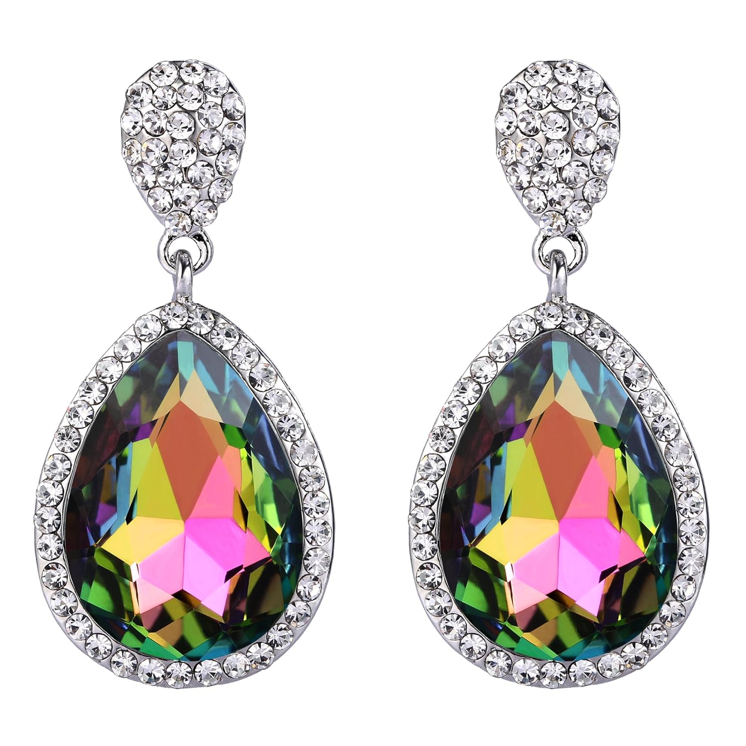 FANZE Women's Silver Tone Austrian Crystal Delicate Double Teardrop Wedding Bridal Pierced Dangle Earrings Green