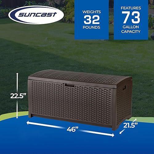 Suncast Outdoor Storage Box 73 Gallon Mocha Brown Deck Box for Patio,  Waterproof Outdoor Storage Bench, Resi