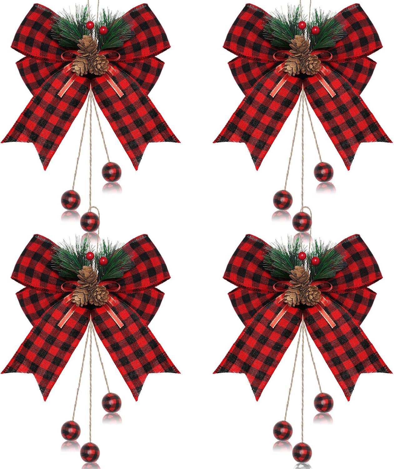 Bows & Ribbons - Syhood 4 Pieces Christmas Tree Wreath Bow Buffalo Plaid Bow with Pine Cones Large Xmas Decorative Bows for Home Party Christmas Tree Decoration, 9.8 x 11.8 Inch (Red and Black Plaid)