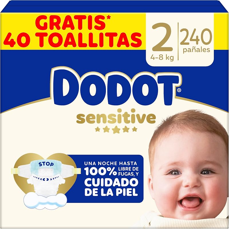 Fraldas para bebês sensíveis dodot tamanho 2 (4-8 kg), 240 fraldas + 1 pacote de 40 lenços umedecidos grátis total aqua care, proteção ideal para a pele da dodot, pacote mensal