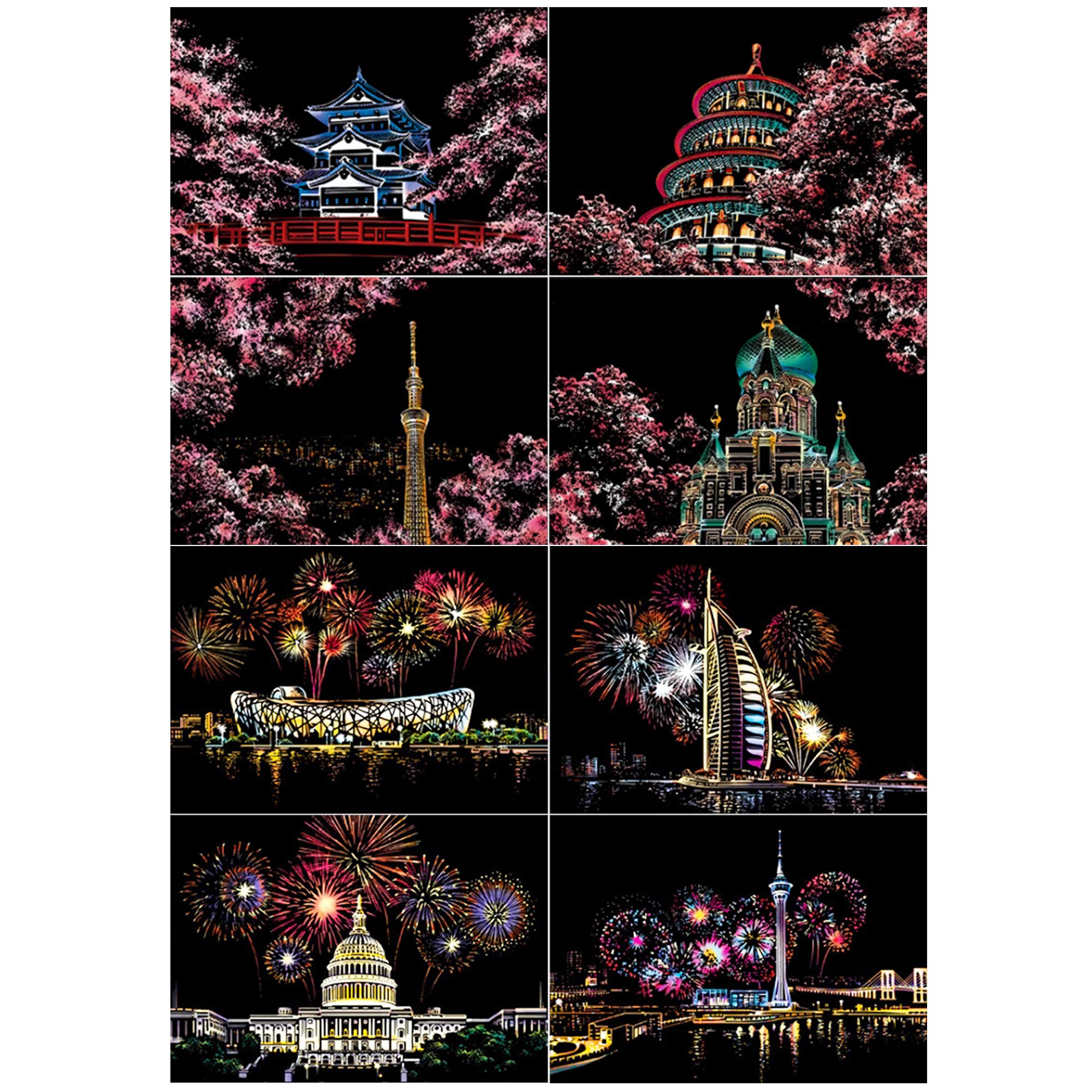 SiYear Scratch Paper Rainbow Painting Sketch, City Series Night Scene,Scratch Painting Creative Gift,Scratchboard for Adult with 4 Tools（Fireworks + Cherry Blossoms Series）