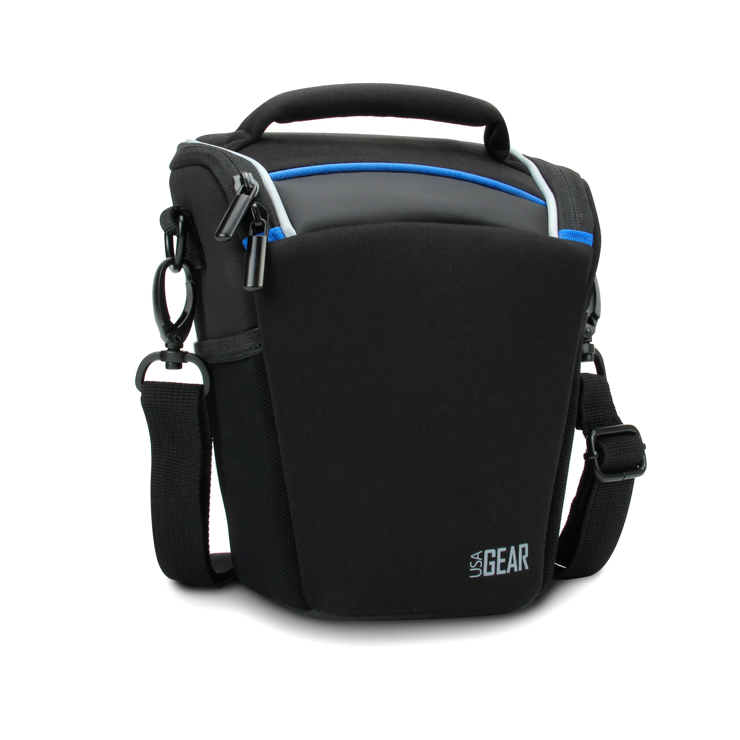 USA Gear Camera Bag in Neoprene with Adjustable Shoulder Sling, Shoulder Bag with Padded Handle, Removable Rain Cover and Weather Resistant Bottom - Compatible with Canon, Nikon, Sony, etc - Black