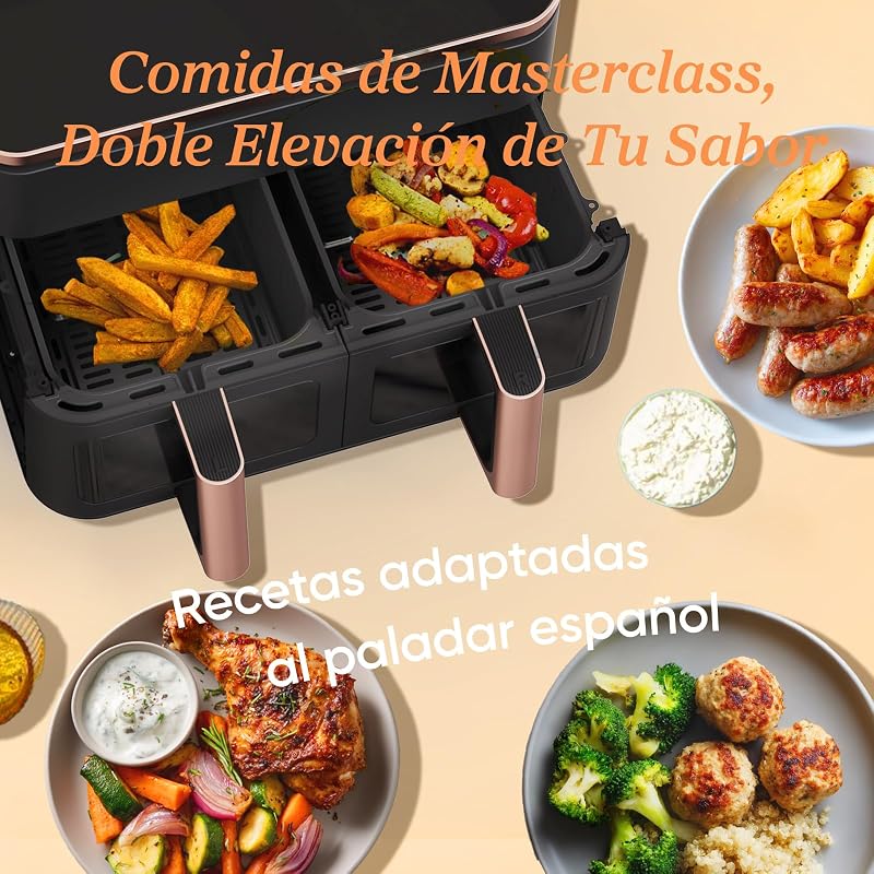 Fritadeira cosori air com cesta dupla fritadeira air 8,5l, capacidade adequada, mais saudável, acabamento sync, 2-4 pessoas, 10 em 1, 35-230 ℃, fácil de usar, rápido e crocante, interior em aço inoxidável, dourado
