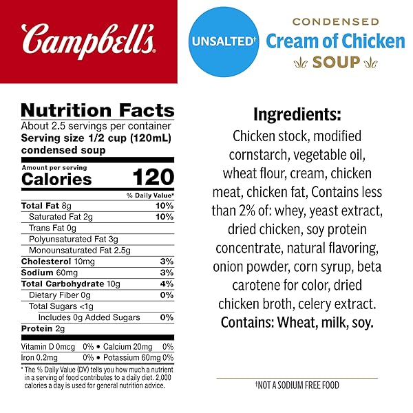 CAMPBELL’S CONDENSED UNSALTED CREAM OF CHICKEN SOUP, 10.5 OZ CAN