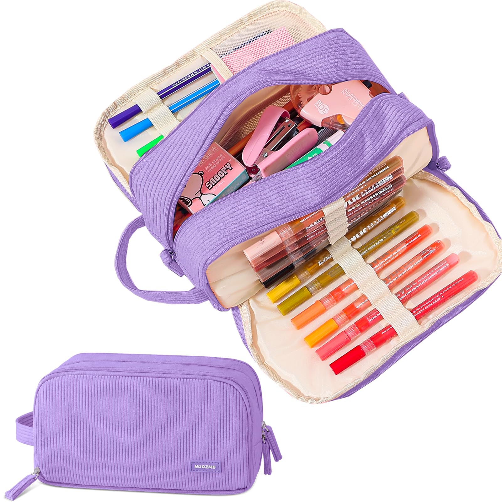 Photo 1 of Nuozme 3 Compartment Pencil Case, Extra Large Capacity School Supplies Pencil bag with Easy Handle, Soft Corduroy Pencil Pouch, Aesthetic Supply Pen Case Bag Organizer For Teen Girls College (Purple)