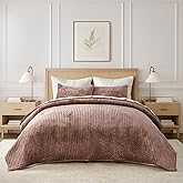 EVERGRACE Velvet Quilt Set Full Queen Size, Luxurious Soft Striped Channel Bedding Set, Lightweight Velvet Comforter for All Season, Oversized Bedspread Coverlet with 2 Matching Shams, Terracotta Clay