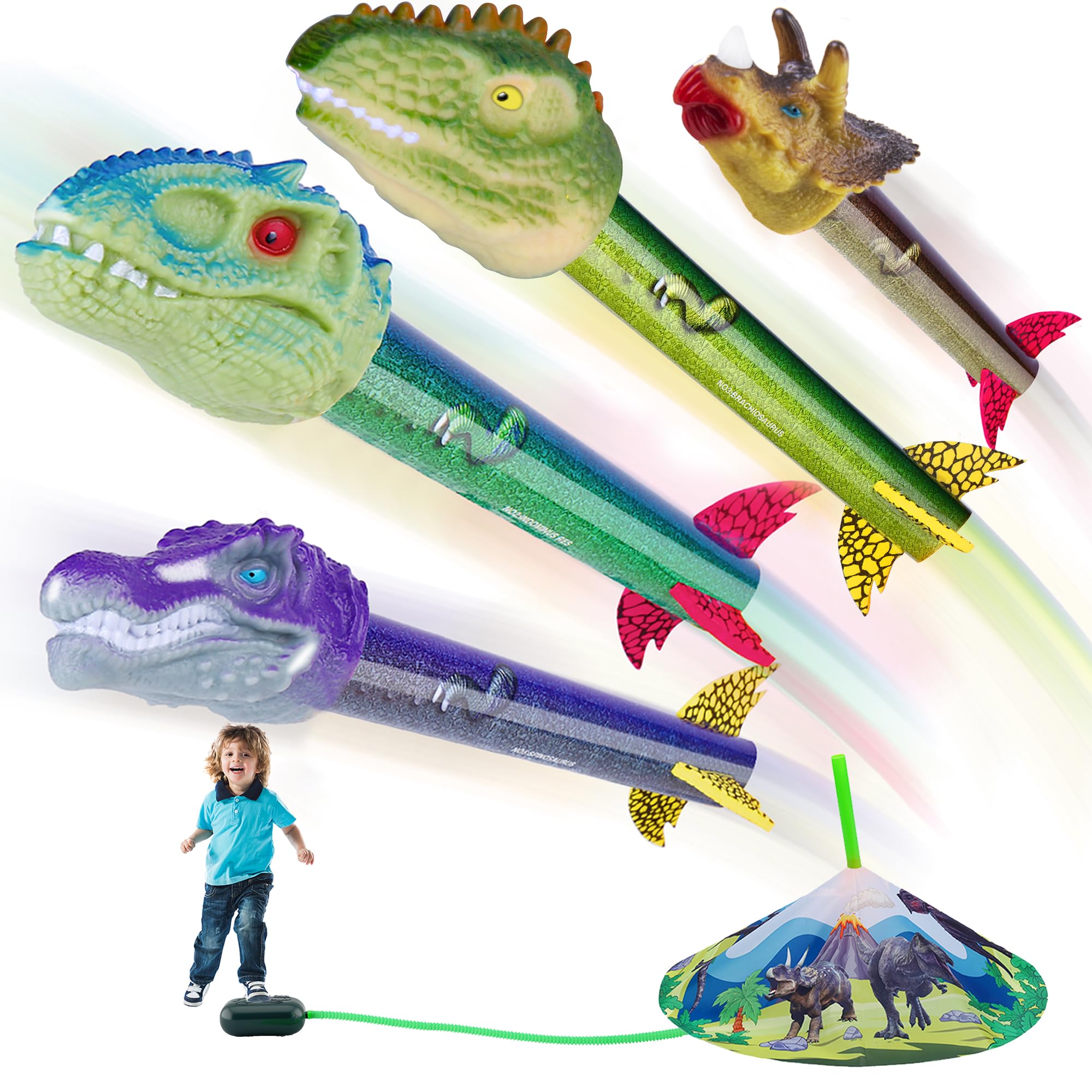 Photo 1 of Gizzjoy Dinosaur Toy Rocket Launcher for Kids - Launch Up to 100 Ft, 4 Rockets, Outdoor Outside Toys for Kids, Dinosaur Toys, Birthday Gifts for 3 4 5 6 7 8-12 Year Old Boys Girls