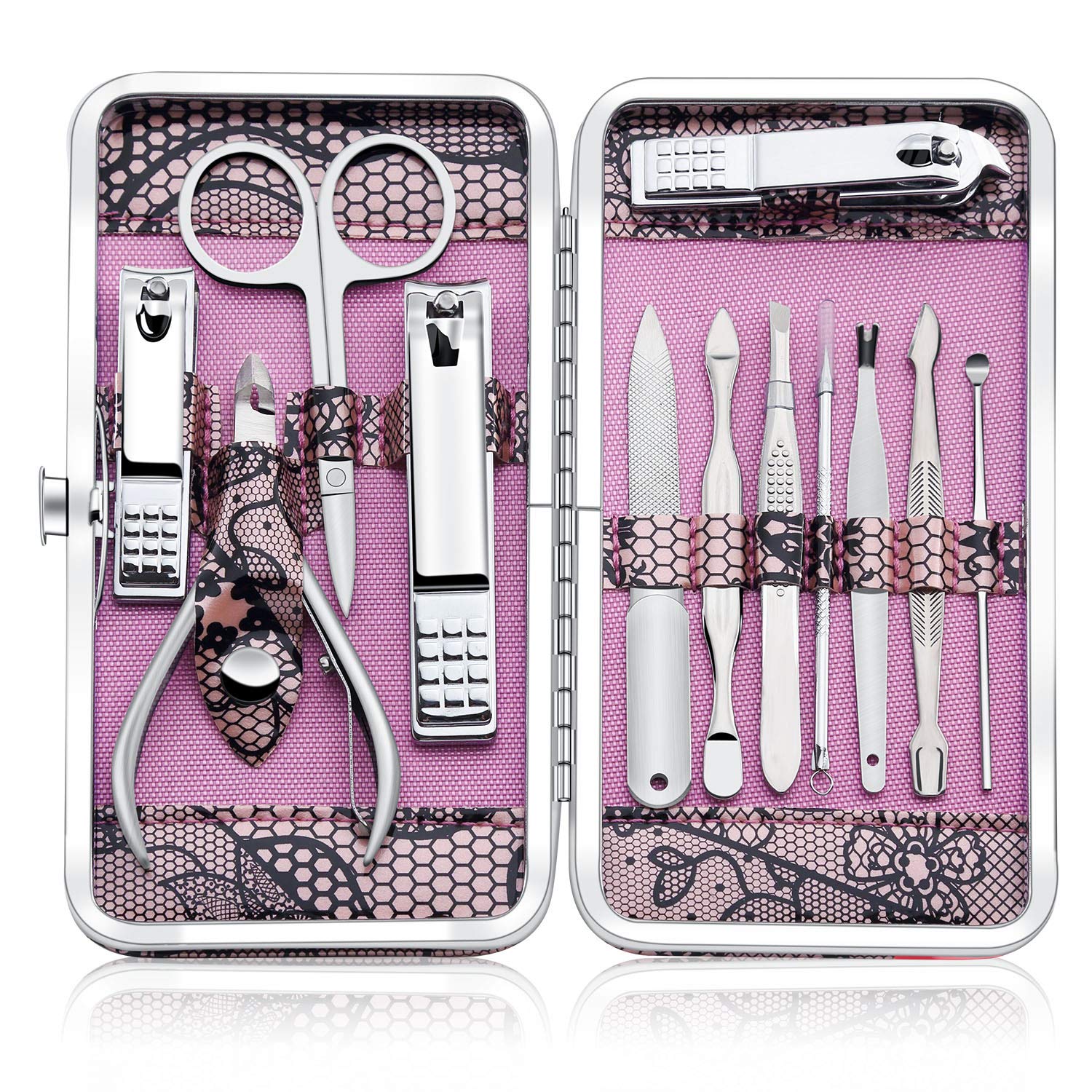 Manicure Set Professional Nail Clippers Kit Pedicure Care Tools- Stainless Steel Grooming Kit 12Pcs for Travel or Home (Pink)