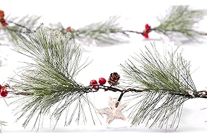 CENMORISE 6ft Christmas Smokey Pine Garland with Lights and Stars,Battery Operated Garland with Timer,Garland Christmas Decorations for Fireplace Home Stair Railing Outdoor Holiday Decor