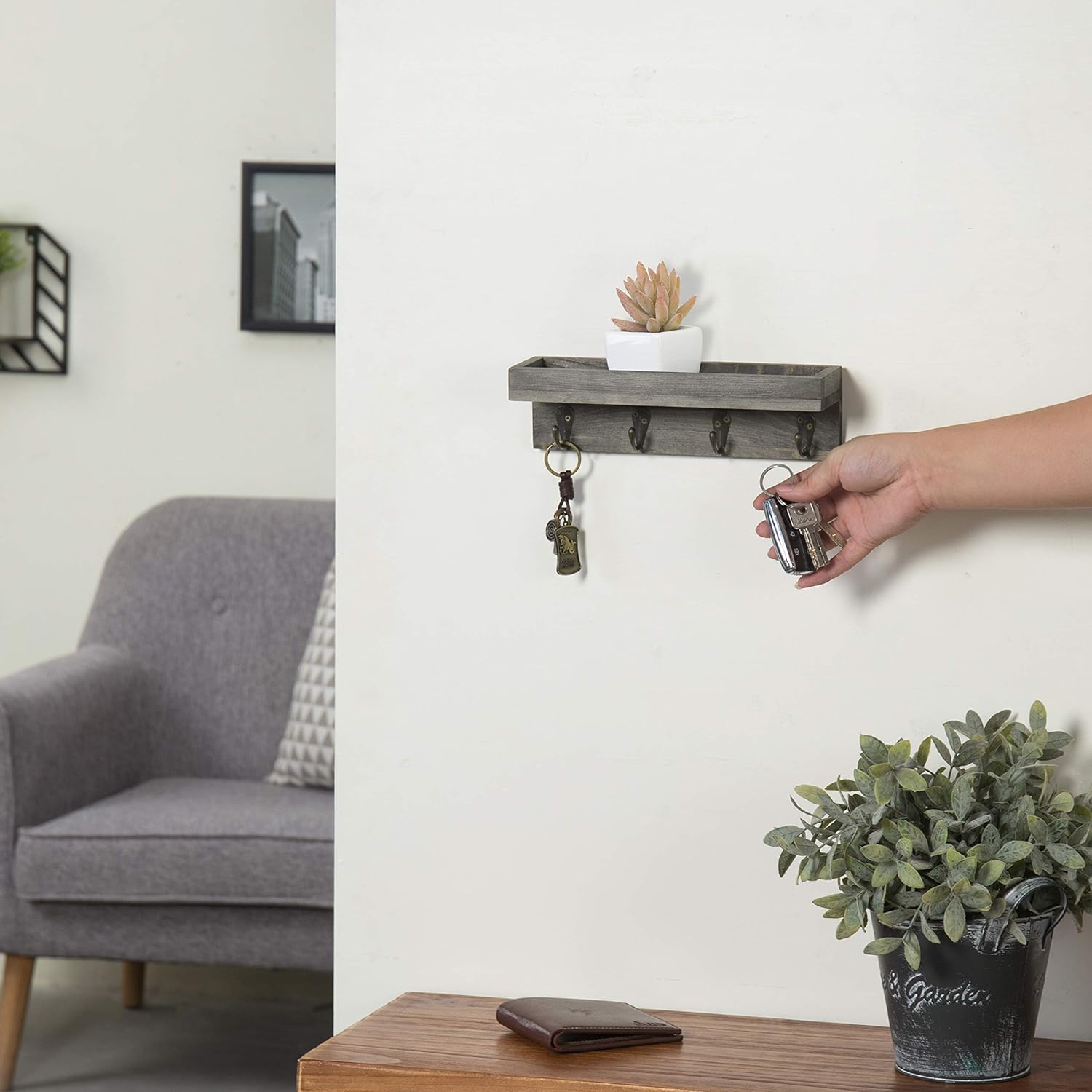 MyGift Vintage Grey Wood Wall Mounted Entryway Shelf with 4 Antique Metal Hooks: Home & Kitchen