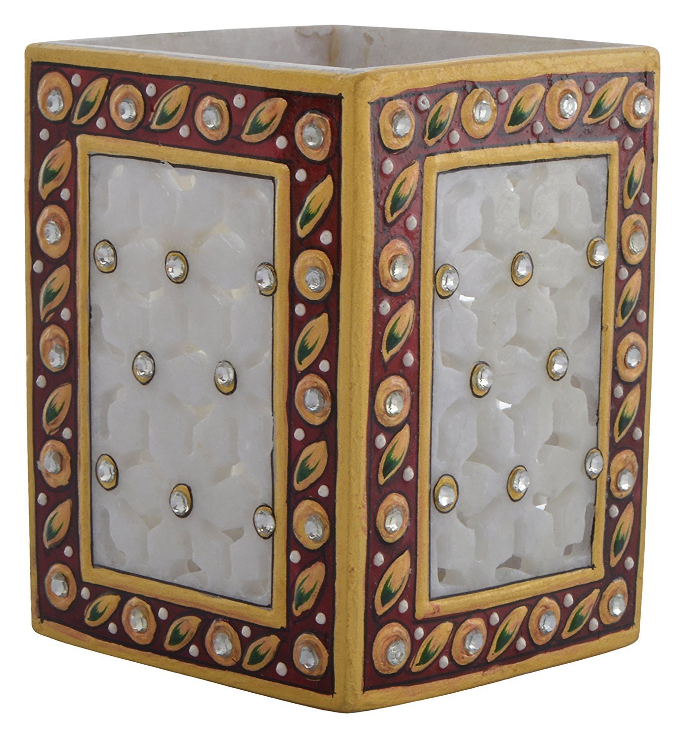 Purpledip Indian gift item : Marble Pen Holder/Stationery holder, Tooth brush holder with intricate cutwork design (10578)