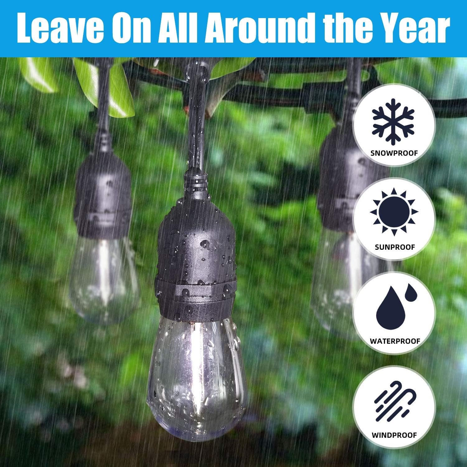 2-Pack 48FT Dimmable LED Outdoor String Lights for Patio with Waterproof Shatterproof 5000K Daylight White E26 LED Bulbs, 15 Sockets, Linkable Commercial Grade Hanging String Lights for Cafe Backyard: Home & Kitchen