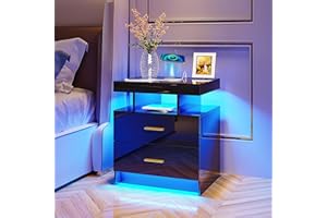 HNEBC Auto LED Nightstand with Wireless Charging Station & USB Ports,High Gloss Bedside Tables with 2 Drawers,Floating Nightstand with 3 Color & Adjustable Brightness Embedded LED Light Strip