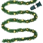 Biswing 15FT Pre-lit Christmas Green Garland Upgrade, Lighted Artificial Pine Garlands with 35 Count Clear Lights, Connectable & Light Up for Indoor Outdoor Home Winter Holiday New Year Decorations