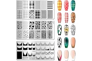 Arbuya Nail Art Stamping Plates Set of 3 - Plaid, Animal Print & French Tip Designs - Stainless Steel Manicure Art Tool