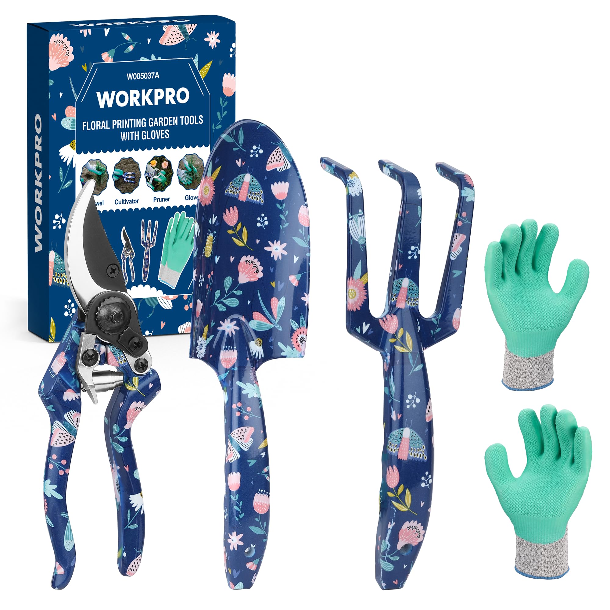 WORKPRO 4 Piece Garden Tools Set, Stainless Steel Hand Tools with Ergonomic Handle, Including Pruner, Trowel, Hand Fork, and Gardening Gloves, Blue