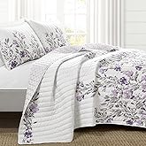 Lush Decor Tanisha Reversible Floral Quilt Set, 5 Piece Set, Full/ Queen,Gray & Purple -Elegant Floral Bedding Set - Purple Lavender Quilt-Beautiful Flower Print-Modern Farmhouse & Cottage Home Décor