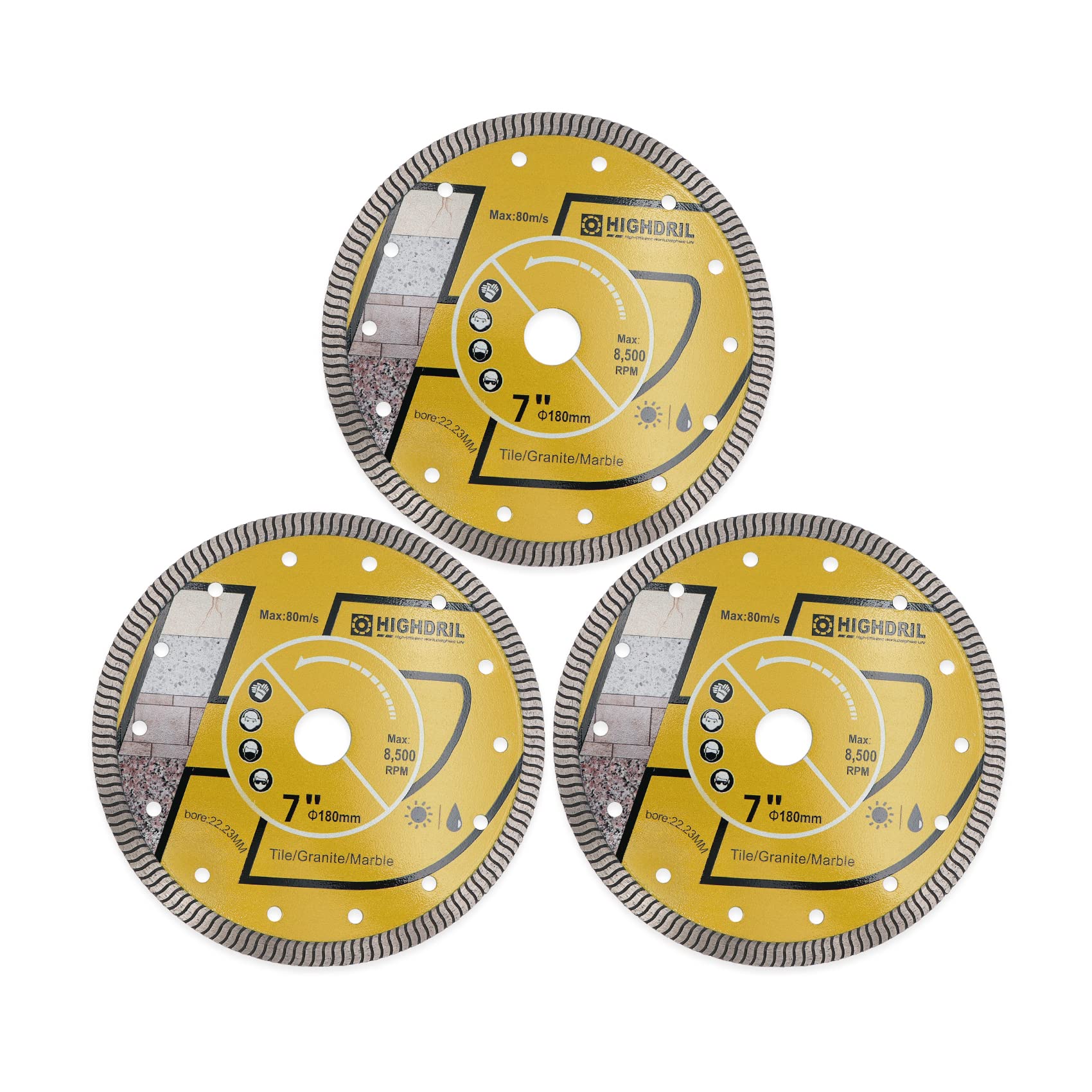 HIGHDRIL Diamond Saw Blade - 3Pcs 180MM Diamond Tile Blade with 22.23MM Arbor, Dry or Wet Cutting Disc for Porcelain Tile Ceramic Granite Marble Hard Material Masonry