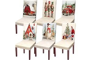 FuWeave Vintage Christmas Chair Covers Set of 6 – Rustic Farmhouse Holiday Slipcovers with Santa, Snowman, Red Truck, Nutcracker & Cottage Designs for Dining Room, Kitchen, Party Decor