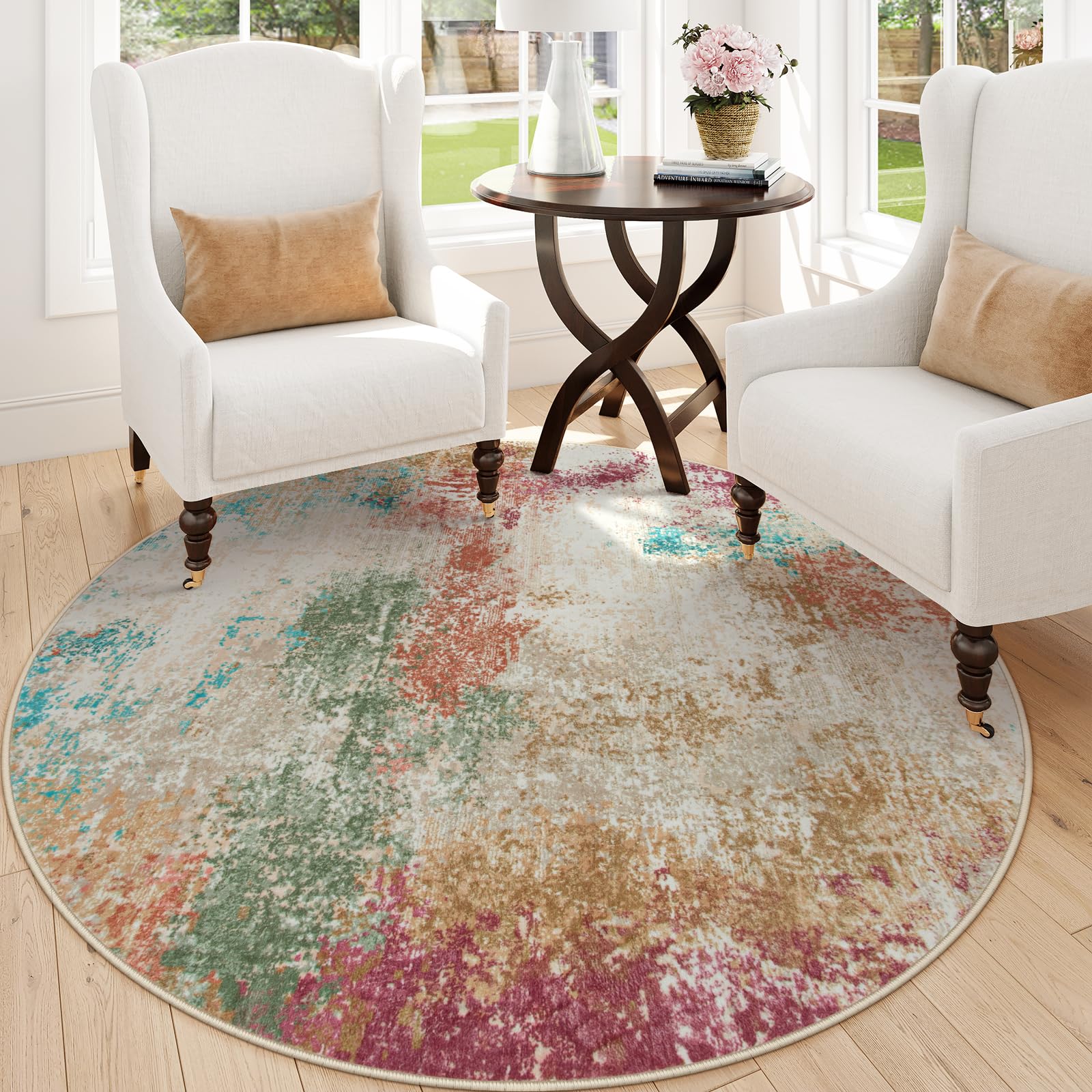 Photo 1 of Lahome Modern Abstract Round Rugs for Living Room, 5ft Washable Ultra Thin Round Area Rug Non Slip, Multi Color 5x5 Circle Throw Carpet for Office Bedroom Dining Room Under Table