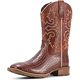 SUREWAY Men‘s Full Grain Leather Cowboy Boots with Ostrich Pattern,Square Toe Embroidery Western Boot, Oil and Slip Resistant, Durable 10-Inch Pull-On Wellington Boots for Men