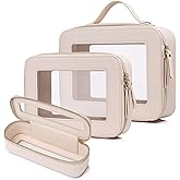 LOFOWN Travel Makeup Set Waterproof Transparent Cosmetic Bag and Toiletry Bag Makeup Brush case with Zipper Car Essentials for Women (Beige, L+M+SLIM)