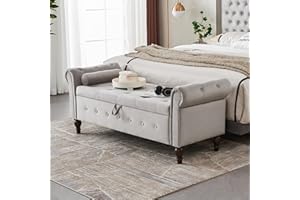 Befurtori Velvet Upholstered Storage Bench, 63 Inch End of Bed Storage Ottoman Bench with Rolled Arms for Bedroom, Button-Tufted Ottoman with Storage for Living Room, Entryway, Gray
