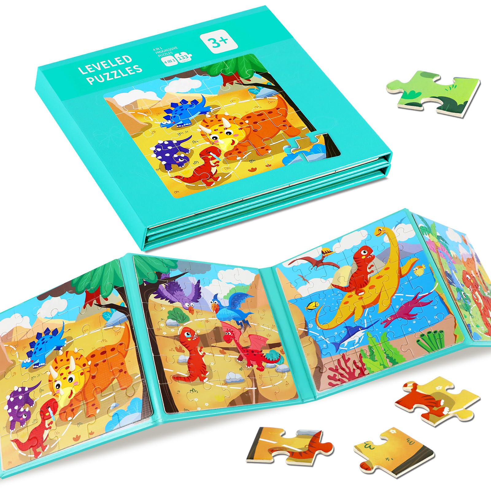 Magnetic Puzzles for Children,133 Pieces 4-in-1 Dinosaur Wooden Jigsaw Puzzles Book,Educational Toy for Children 3-8 Year Olds — image 1