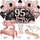 95th Birthday Decorations for Women, 49pcs Black Rose Gold Black Happy 95th Birthday Banner, Tablecloth, Butterfly Decor, Sash and Tiara, Cake Topper, Candles, Balloons Arch