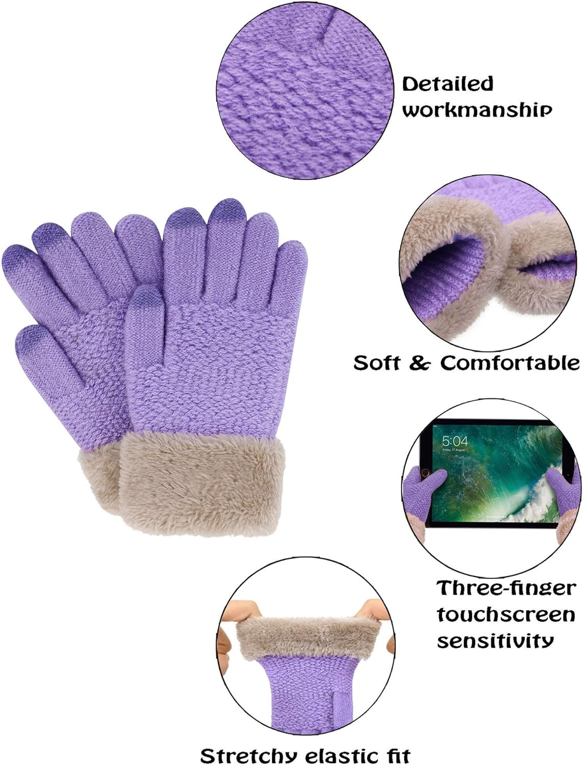 2 & 3 Pack Kids Touchscreen Winter Knit Gloves with Faux Fur Cuff: Clothing